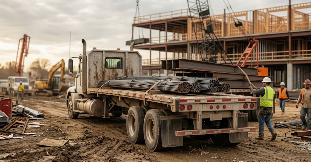 Commercial truck delivering freight to an active construction jobsite, representing the government-funded project logistics where DOBE-certified carriers provide competitive value to general contractors