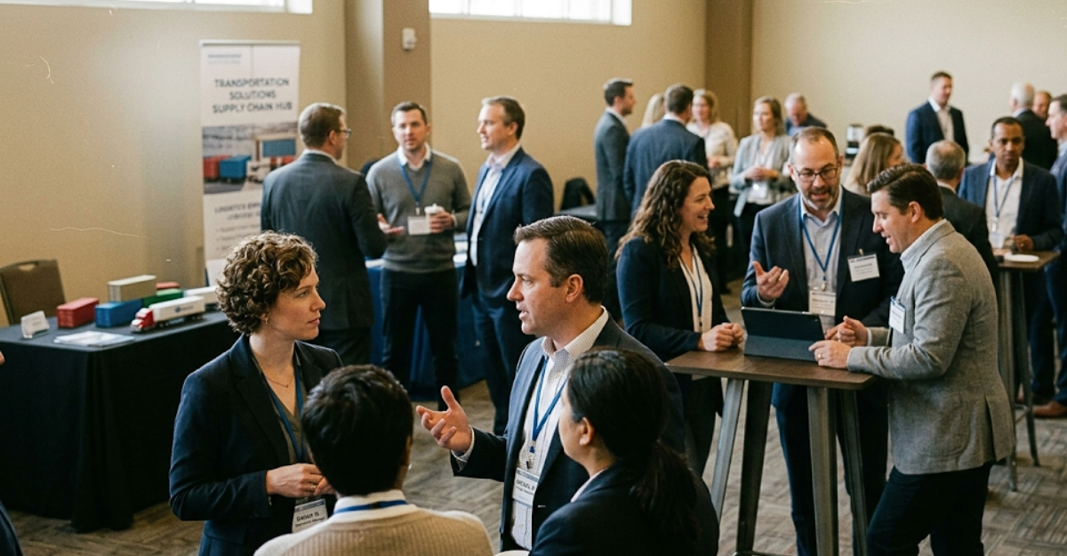 Professionals networking at an industry conference, reflecting how Disability:IN events and direct relationship building drive business development for DOBE-certified carriers