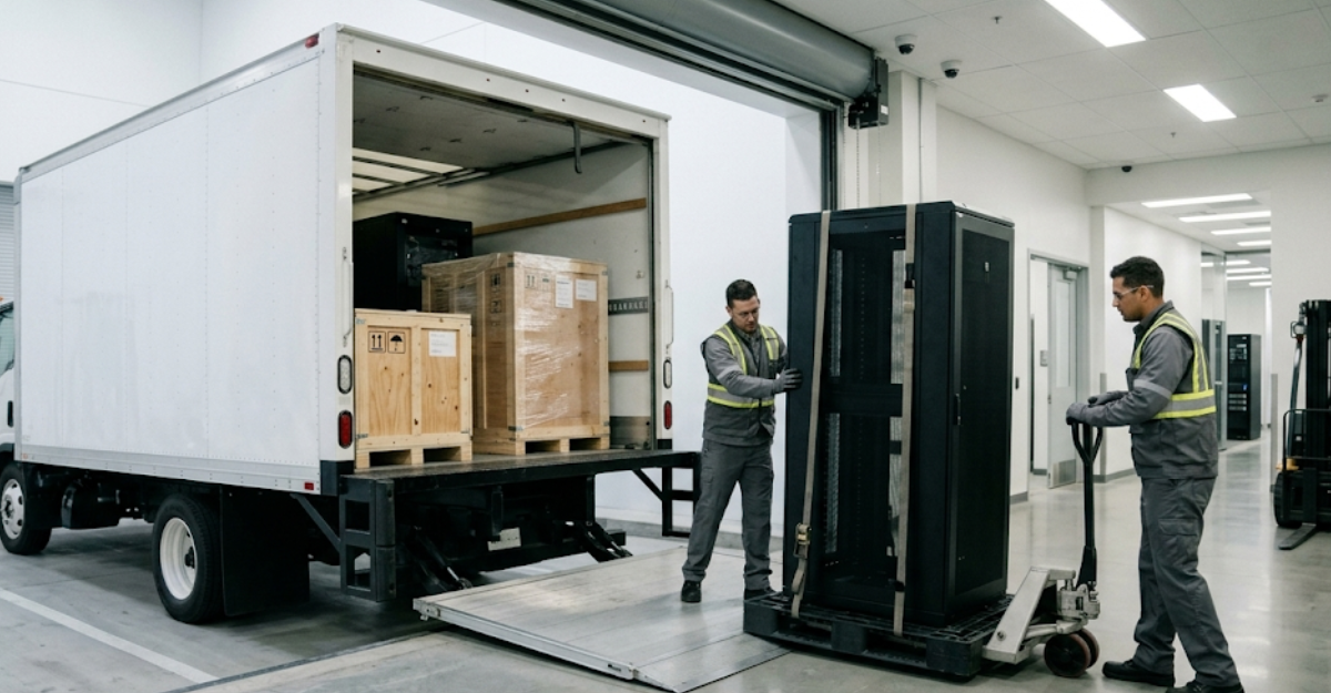 High-value freight being handled at a commercial facility, representing the mission-critical logistics environment where DOBE-certified carriers are evaluated on the same performance standards as any provider