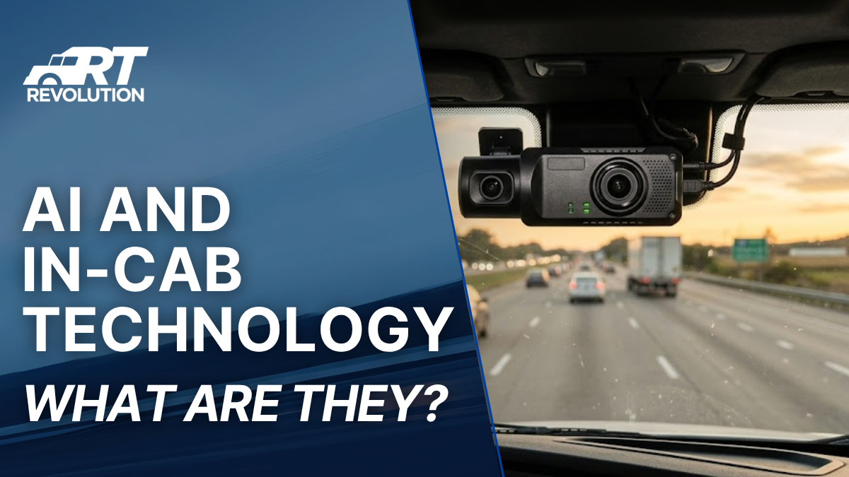Dual-facing in-cab camera mounted on a commercial truck windshield, the core hardware behind AI fleet safety systems that monitor driver behavior and road conditions in real time