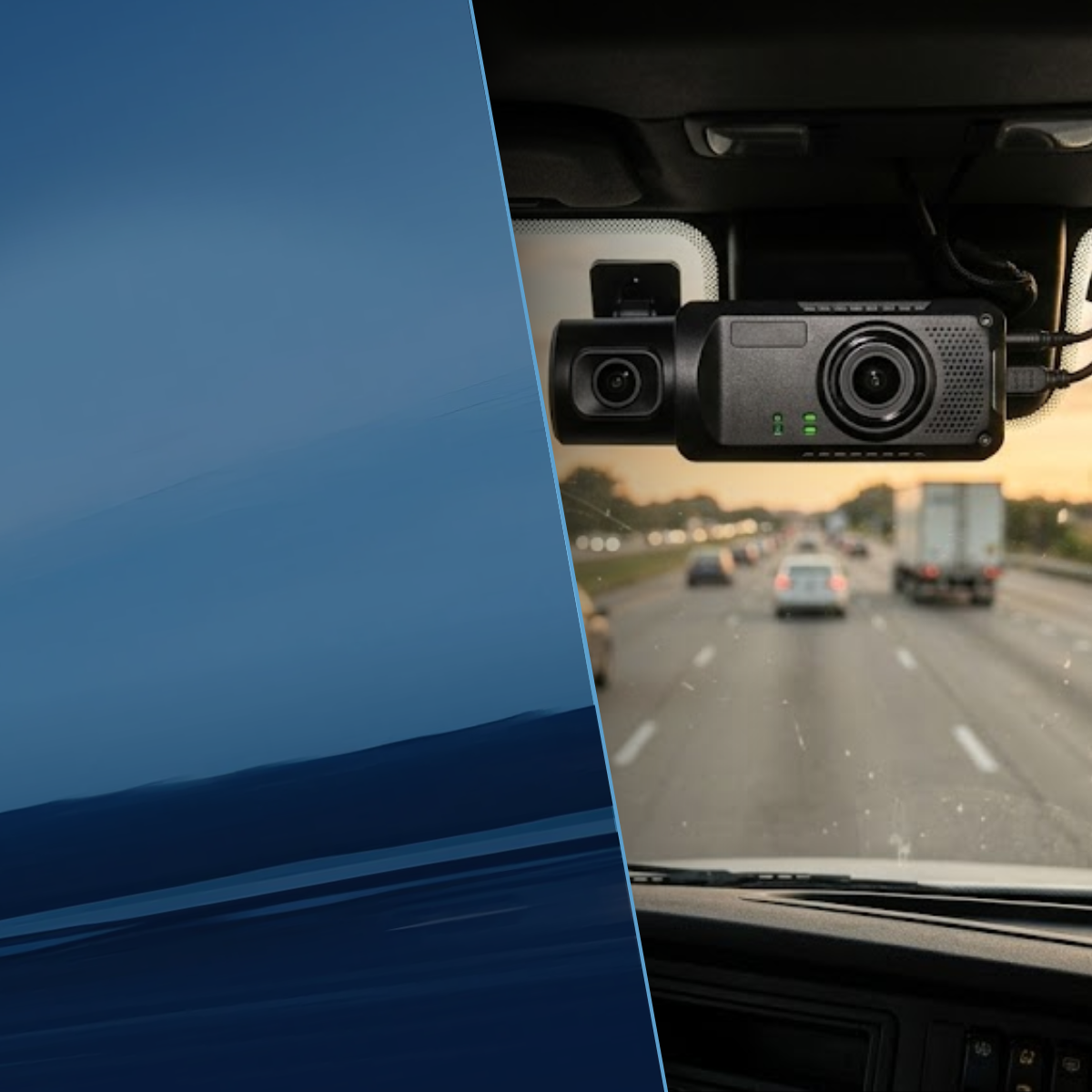 Dual-facing in-cab camera mounted on a commercial truck windshield, the core hardware behind AI fleet safety systems that monitor driver behavior and road conditions in real time