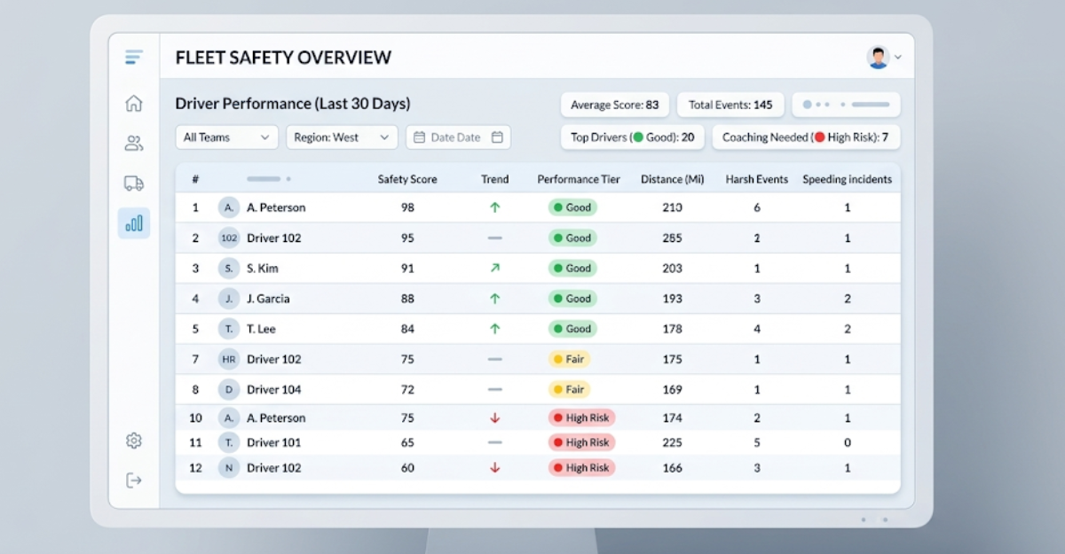 Fleet safety dashboard displaying AI driver safety scores ranked by performance, showing how carriers benchmark individual drivers against fleet averages using telematics data