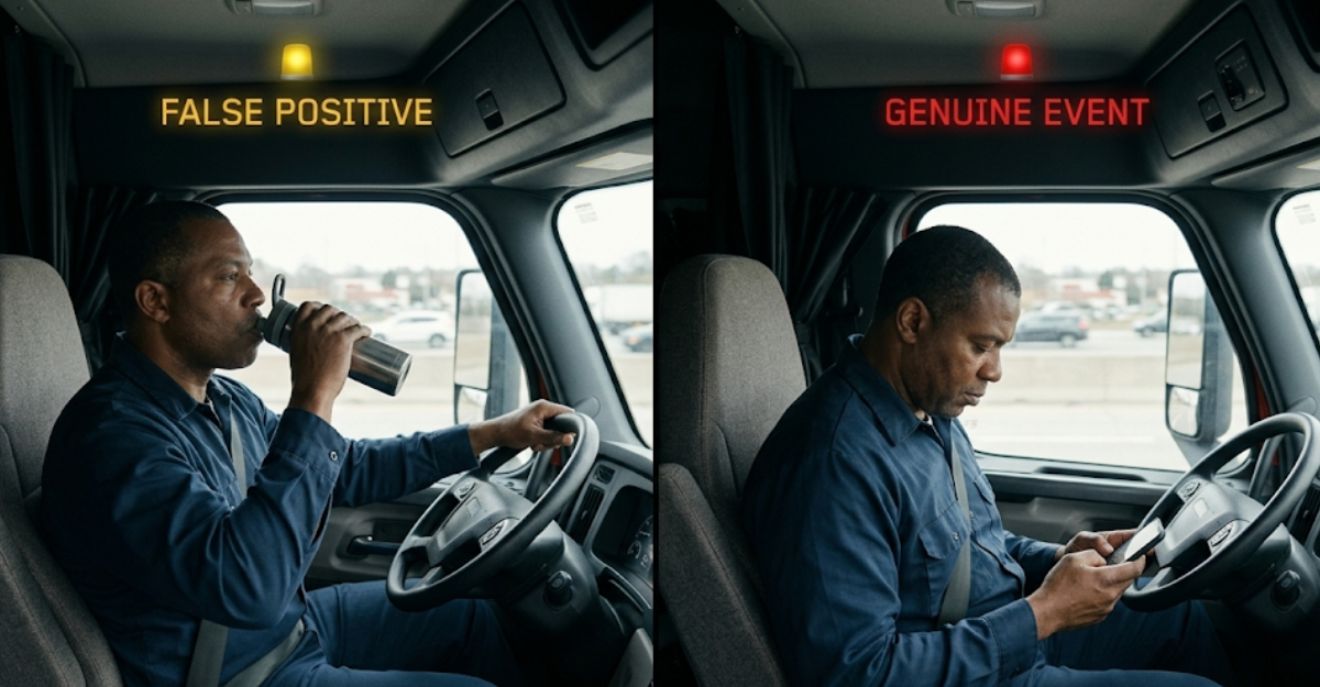 Side-by-side comparison of an AI false positive detection showing a driver safely drinking water versus a genuine distracted driving event, illustrating why human review of in-cab camera alerts is essential
