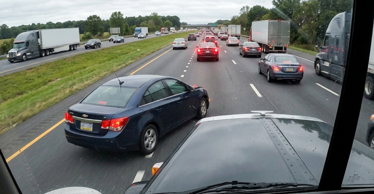 Outward-facing truck camera view showing a vehicle cutting into the truck's lane, an example of external factors that trigger safety events not attributable to the driver