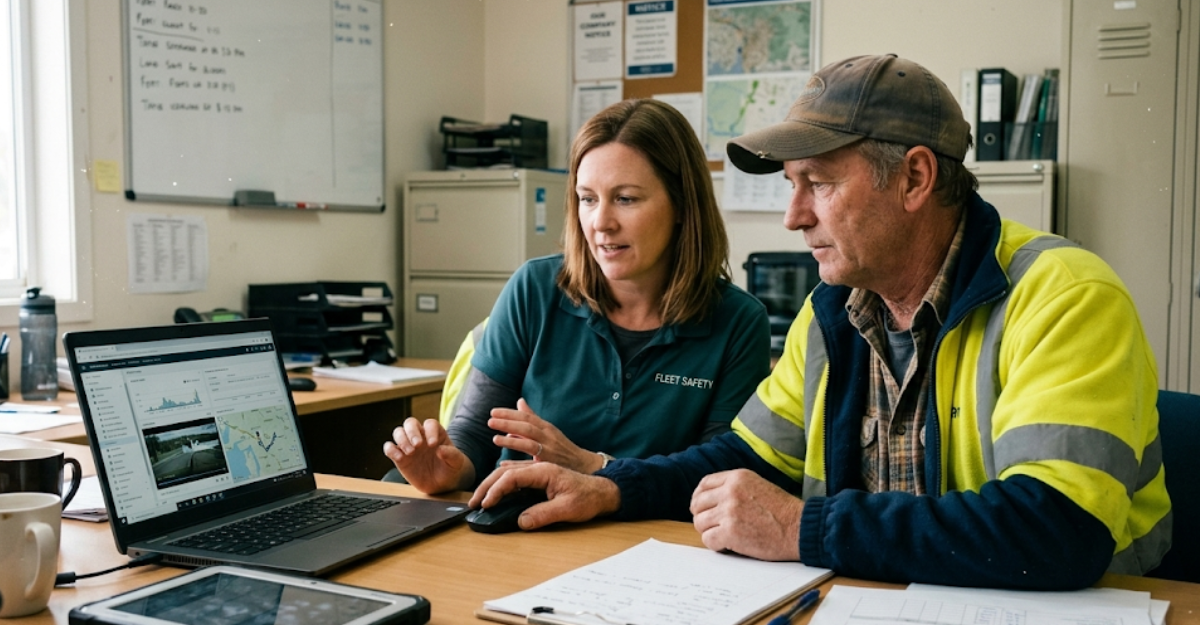 Safety manager reviewing flagged in-cab camera footage with a truck driver in a collaborative coaching session, demonstrating how AI fleet safety data supports targeted driver development