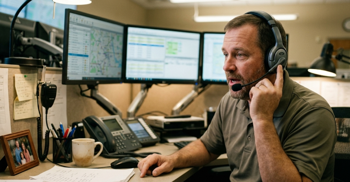 Dispatcher engaged in a phone conversation with a driver, illustrating the personal relationship that makes AI fleet safety coaching effective rather than adversarial