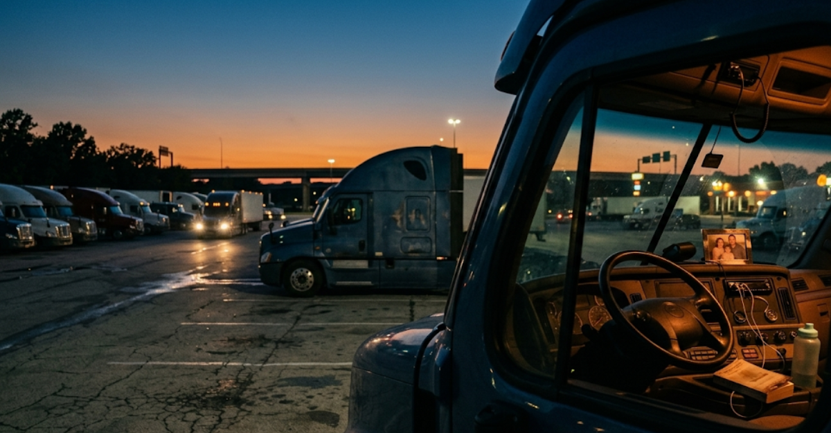  Commercial truck parked at a rest stop at dusk with the cab interior softly lit, reflecting the quality-of-life reality of over-the-road trucking that carriers must acknowledge to improve driver retention
