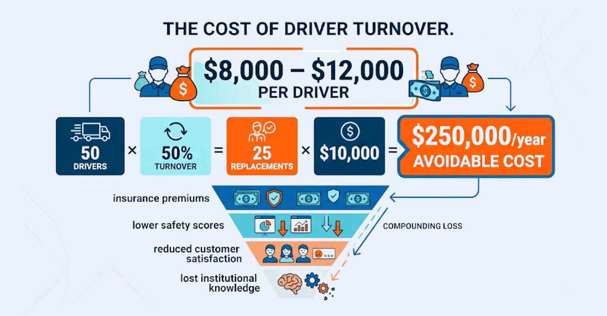 Infographic showing the cost of truck driver turnover at $8,000 to $12,000 per driver, with a worked example demonstrating $250,000 in annual avoidable cost for a 50-driver fleet at 50 percent turnover