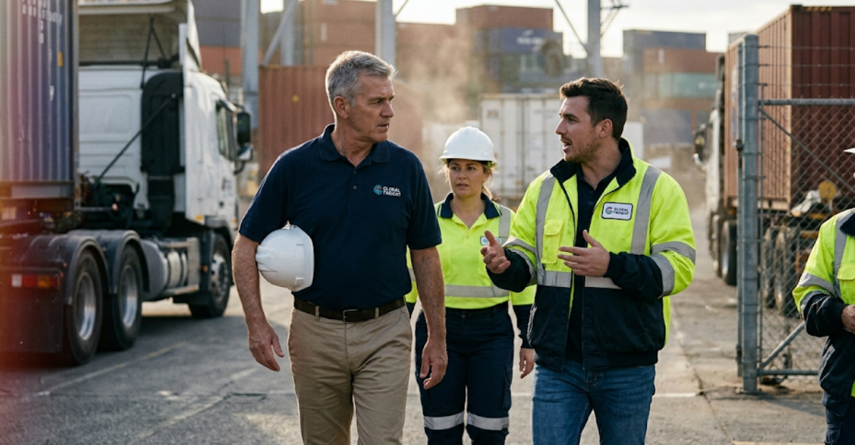 Carrier executive walking through a terminal with drivers, demonstrating the frontline leadership accessibility that builds retention-first culture in trucking operations