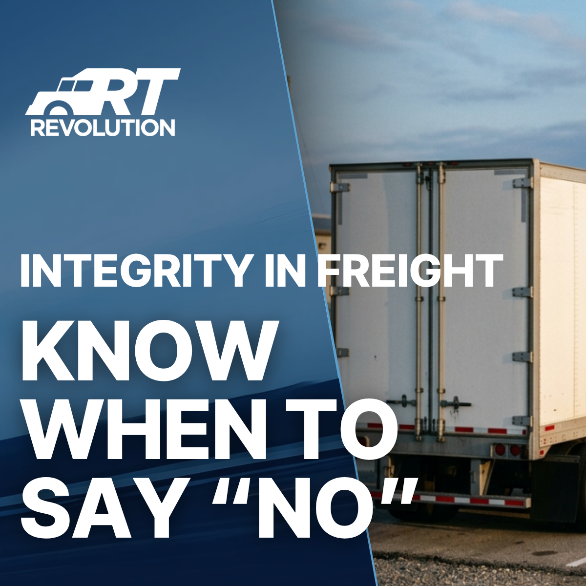 Revolution Trucking branded trailer at a terminal yard, contrasting with unmarked commodity trailers in the background, representing the brand discipline that separates specialized carriers from commodity freight providers