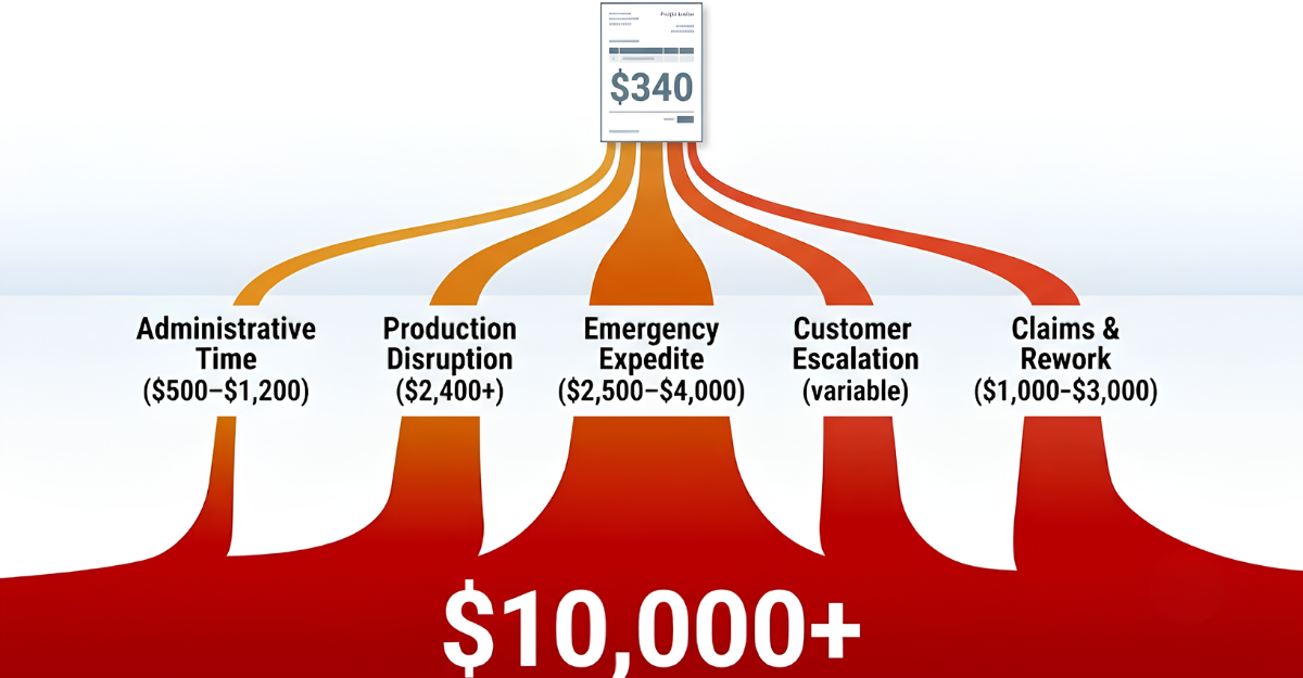 Cost cascade infographic showing how a $340 freight invoice generates over $10,000 in hidden costs across five categories: administrative time, production disruption, emergency expedite, customer escalation, and claims and rework