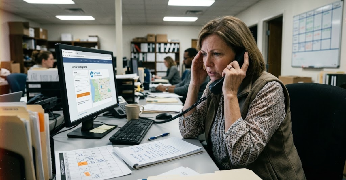 Shipping coordinator on the phone checking a carrier tracking portal showing an in-transit status with no updated ETA, representing the administrative time cost of freight disruptions in manufacturing