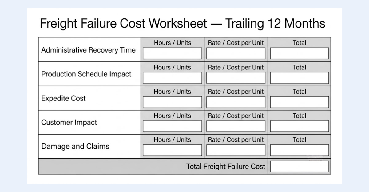 Freight failure cost worksheet template with five cost categories — administrative time, production impact, expedite cost, customer impact, and damage claims — designed for manufacturers to calculate their trailing 12-month freight failure costs