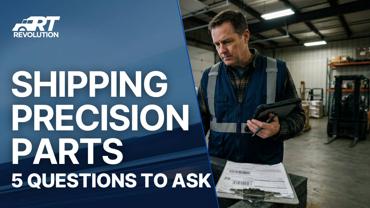 Shipping coordinator evaluating a precision-machined component on a manufacturing dock before selecting a freight carrier, representing the risk assessment moment that determines shipment outcomes