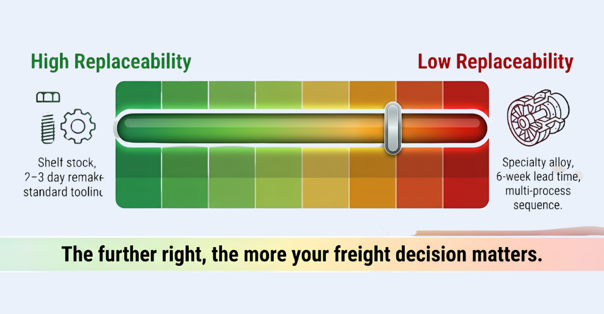 Replaceability spectrum for precision manufactured parts, ranging from high replaceability with shelf stock and standard tooling to low replaceability with specialty materials and multi-process sequences, used to assess freight risk
