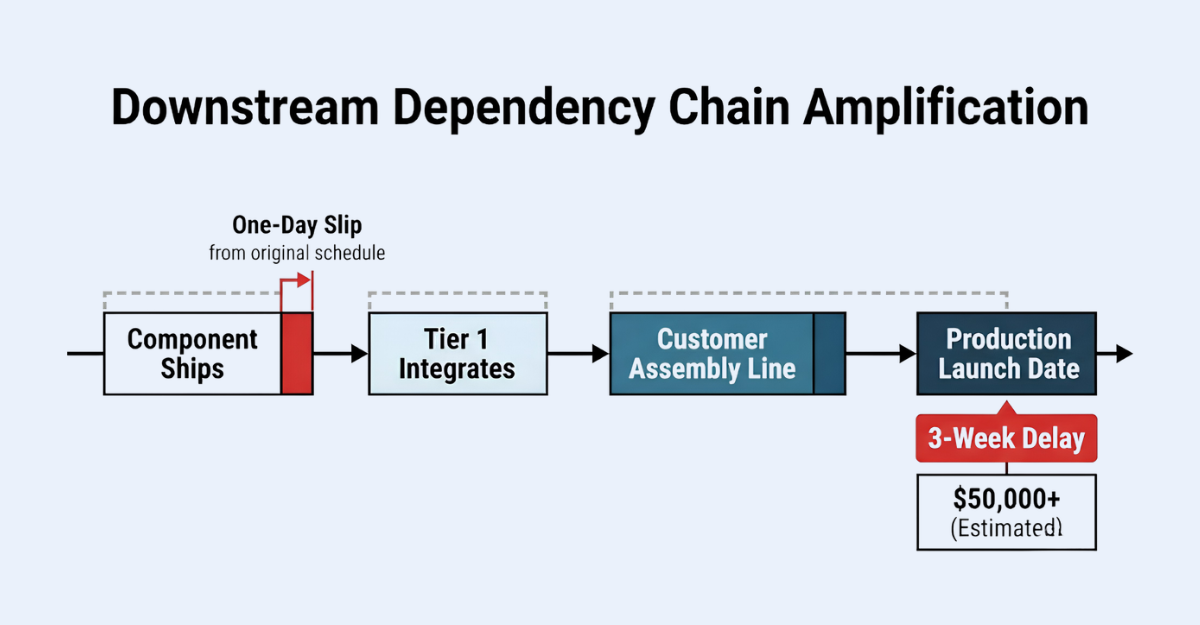 Timeline showing how a one-day freight delay cascades through a supply chain: component shipment delays Tier 1 integration, which delays customer assembly, which pushes a production launch three weeks and generates tens of thousands in downstream costs