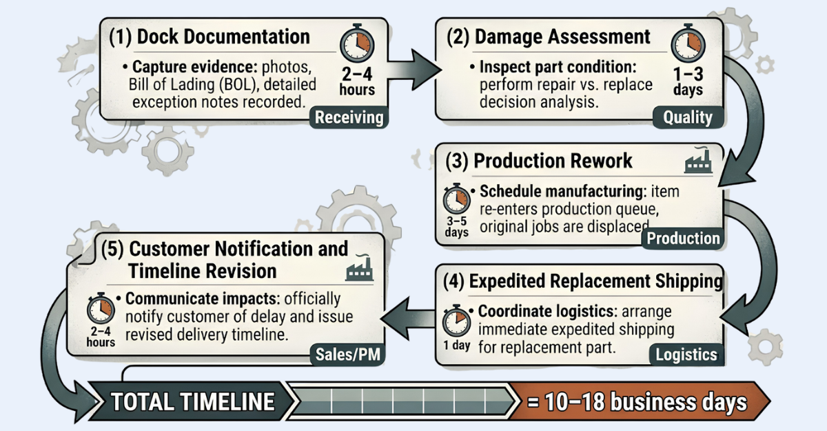 Damage recovery process diagram showing five sequential steps from dock documentation through production rework to customer notification, totaling 10 to 18 business days and involving five departments