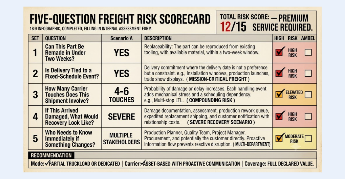 Completed freight risk scorecard for a custom injection mold component scoring 12 out of 15, with high risk on replaceability, schedule dependency, and damage recovery, recommending partial truckload or dedicated service