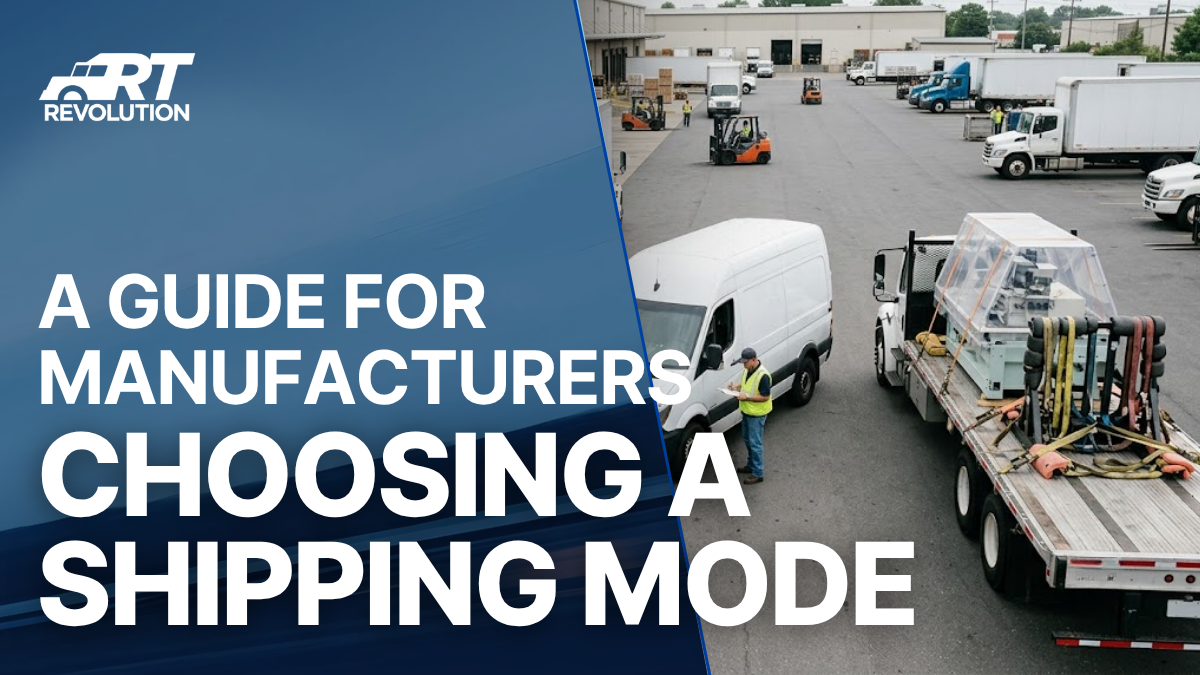 Four freight modes visible in a single carrier yard: LTL trailer at a dock, partial truckload being loaded, expedited sprinter van ready for dispatch, and white glove air-ride trailer with rigging equipment, representing the manufacturer's shipping mode options