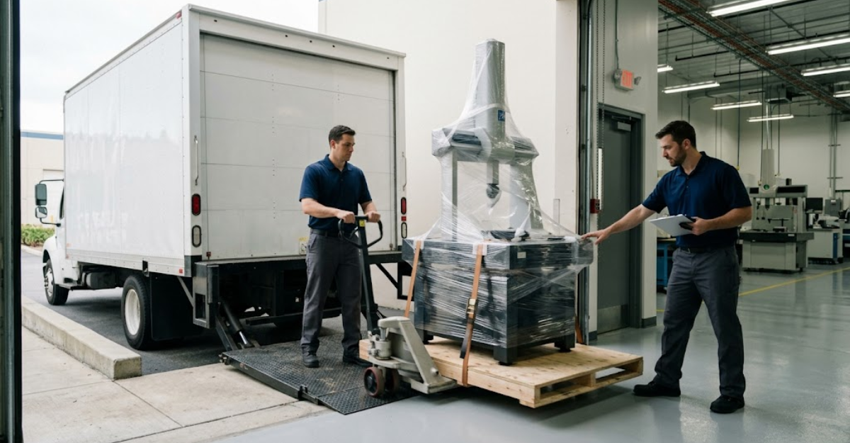 White glove delivery team moving precision manufacturing equipment from a liftgate trailer through a facility entrance using specialized rigging, demonstrating inside delivery service beyond standard dock-to-dock freight
