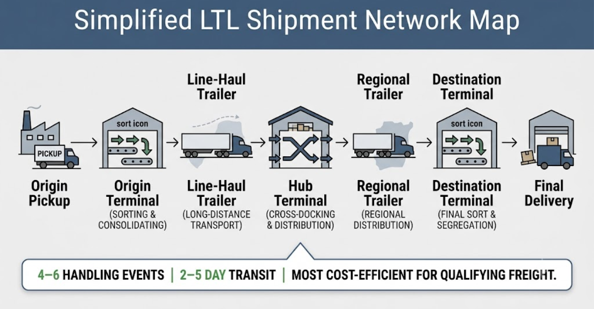LTL terminal network diagram showing a shipment's path through origin terminal, hub cross-dock, and destination terminal, with four to six handling events across a two-to-five-day transit window