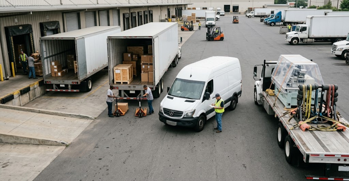 An outdoor logistics yard next to a warehouse. Two large semi-truck trailers with open doors are backed into loading bays, showing cargo boxes and wooden crates inside. In the foreground, workers use pallet jacks near a white cargo van while a worker in a safety vest checks a clipboard. To the right, a flatbed truck carries secured heavy machinery, with forklifts and more trucks visible in the background.