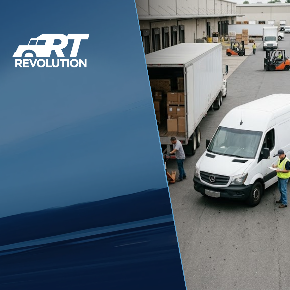 Four freight modes visible in a single carrier yard: LTL trailer at a dock, partial truckload being loaded, expedited sprinter van ready for dispatch, and white glove air-ride trailer with rigging equipment, representing the manufacturer's shipping mode options