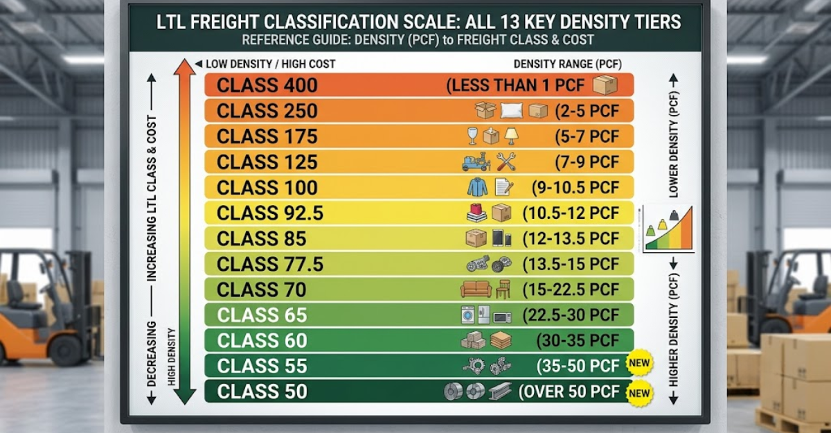 Vertical scale showing all 13 LTL freight classes from Class 50 to Class 500 with density ranges in pounds per cubic foot, with the two new classes 50 and 55 highlighted.