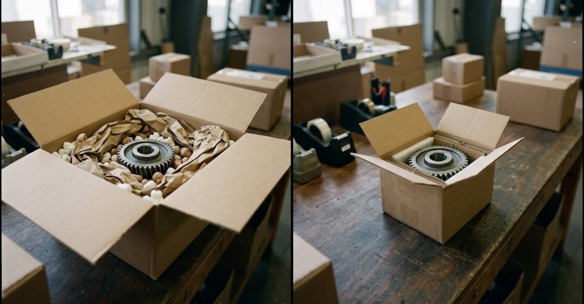 Side-by-side comparison of the same freight component in an oversized box with excess void fill versus a right-sized container, showing how packaging configuration affects freight density and classification.