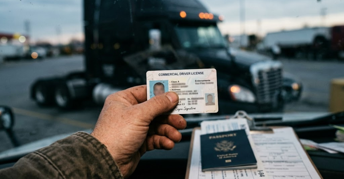 Close-up of a commercial driver's license with a tractor-trailer in the background, representing the FMCSA non-domiciled CDL rule changes taking effect in 2026.
