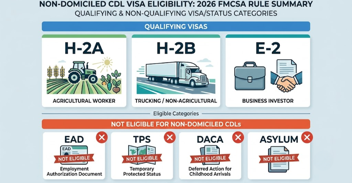 Infographic showing the three visa categories eligible for non-domiciled CDLs under the 2026 FMCSA rule — H-2A, H-2B, and E-2 — and the categories that are no longer eligible. 