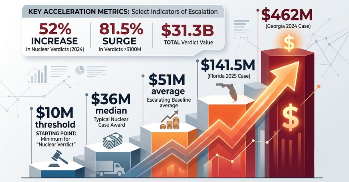 Infographic showing the escalation of nuclear verdicts in trucking: 52 percent increase in 2024, verdicts above 100 million dollars surging 81.5 percent, and total verdict value reaching 31.3 billion dollars.