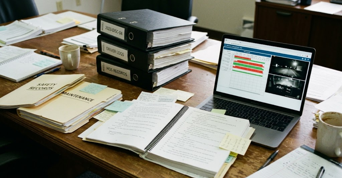 Legal discovery materials including safety records, deposition transcripts, and electronic logging device data used by plaintiff attorneys in trucking litigation.