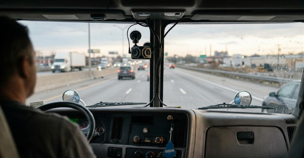 Dual-facing in-cab camera system mounted on a truck windshield, providing both road-facing and driver-facing footage used for safety coaching and litigation defense.