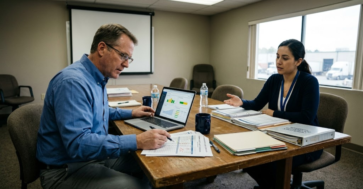 Logistics professional reviewing a carrier safety scorecard and compliance documentation during a carrier evaluation meeting.