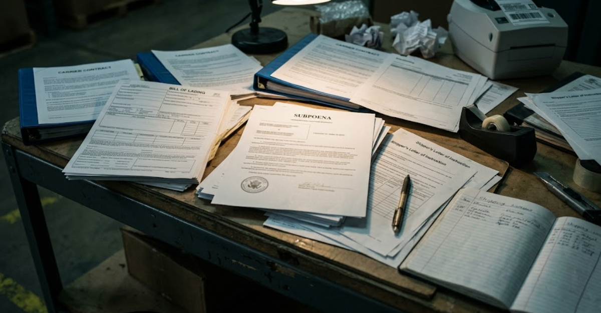 Legal subpoena document on a shipping desk surrounded by freight paperwork, representing the liability exposure shippers face as co-defendants in nuclear verdict lawsuits.