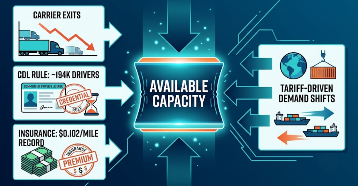  Infographic showing four forces tightening the 2026 freight market from both sides: carrier exits, the CDL rule, record insurance costs contracting supply, and tariff-driven demand shifts increasing volume. 