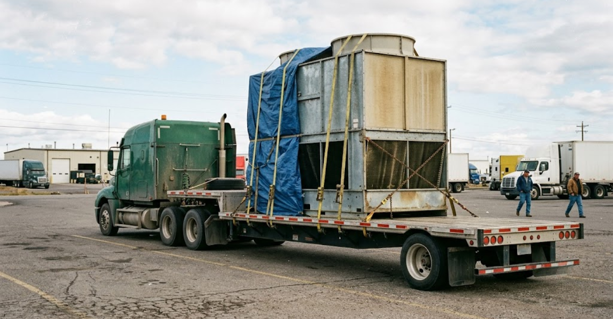 Step deck trailer with tall industrial equipment on the lowered rear section showing the height advantage over a standard flatbed