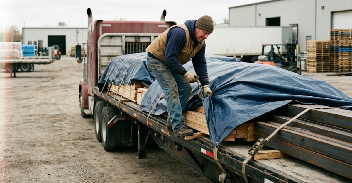Flatbed truck driver manually tarping a load on top of a trailer at a shipping facility