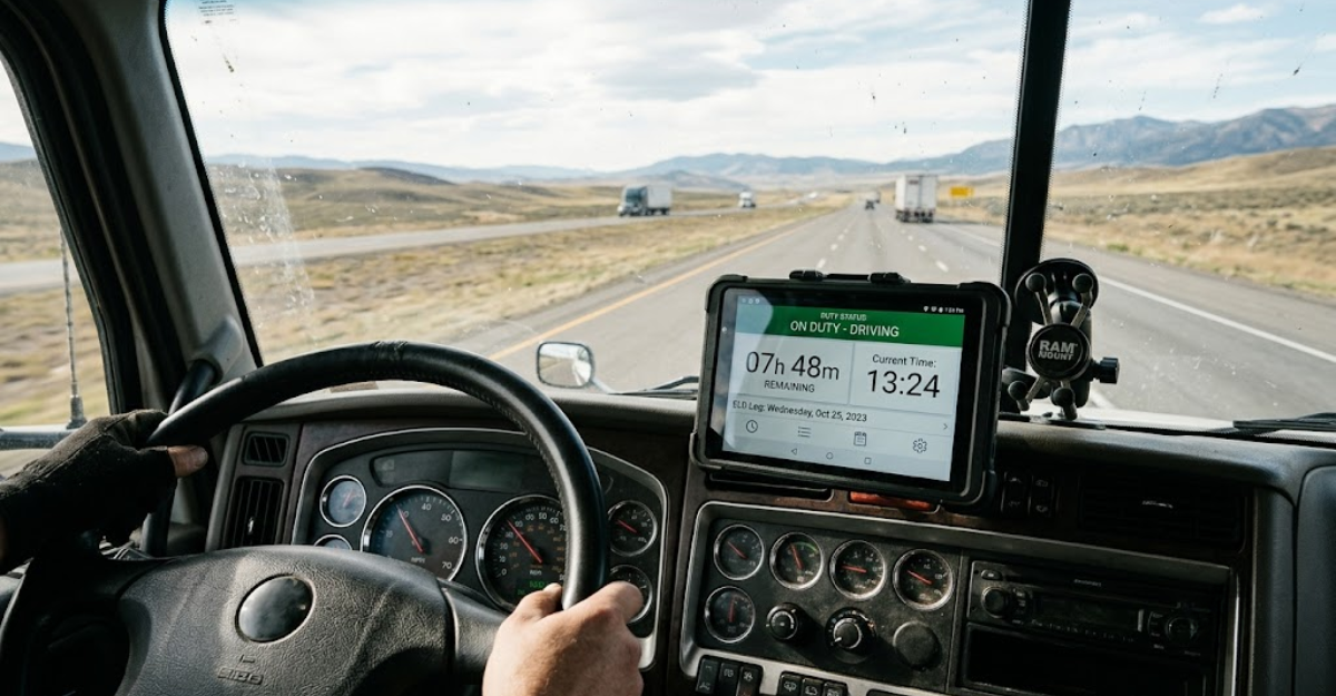 Truck cab interior showing ELD device on dashboard displaying duty status with highway visible through windshield