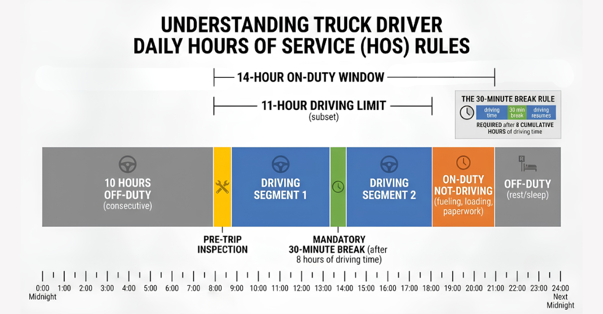 Infographic showing a truck driver's daily hours of service timeline with 11-hour driving limit inside the 14-hour on-duty window and mandatory 30-minute break