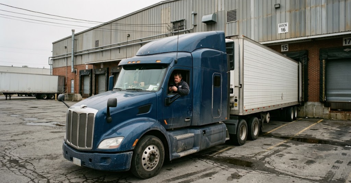 Semi truck waiting at a closed loading dock with driver visible in cab during dock detention