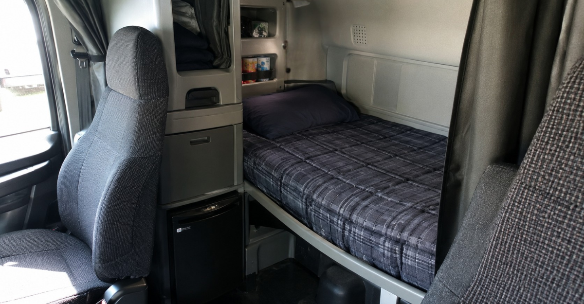 Interior of a truck sleeper berth compartment with bed and storage space used for split rest periods under HOS rules