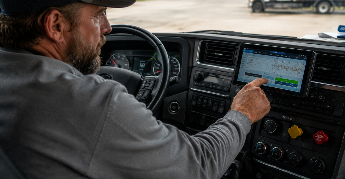 Truck driver tapping ELD screen in cab to update duty status during a stop