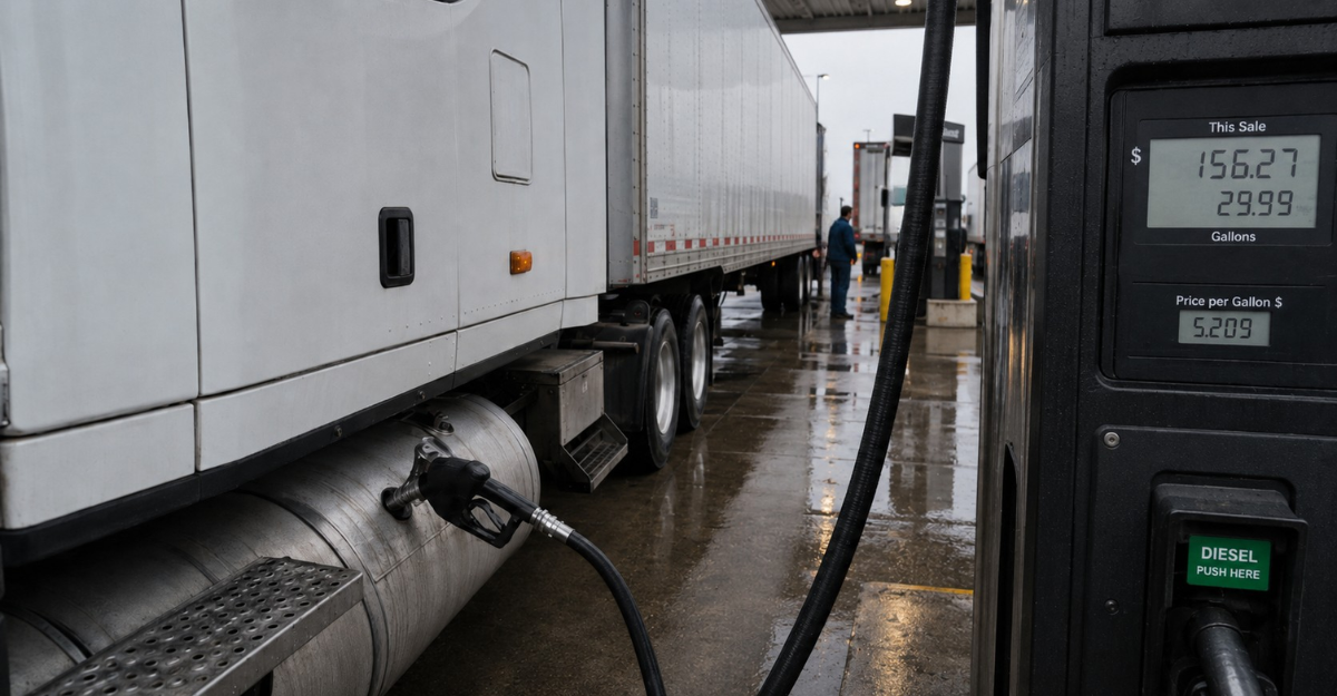 Semi truck fueling at a diesel pump with price per gallon displayed on the pump screen