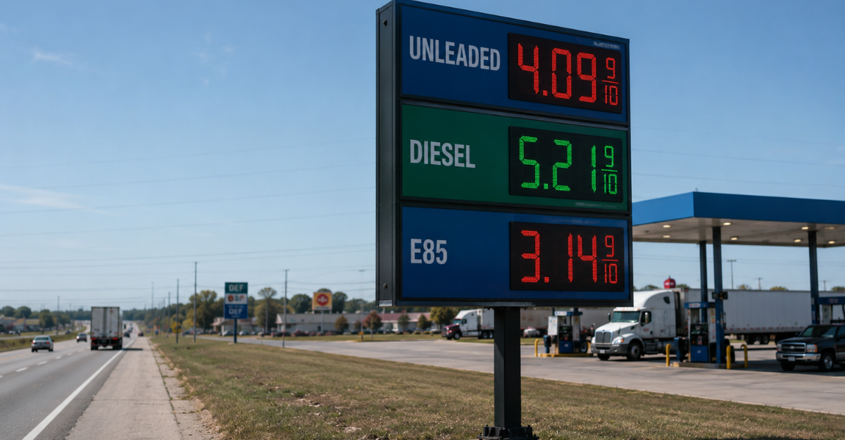 Truck stop roadside sign displaying diesel fuel prices visible from the highway
