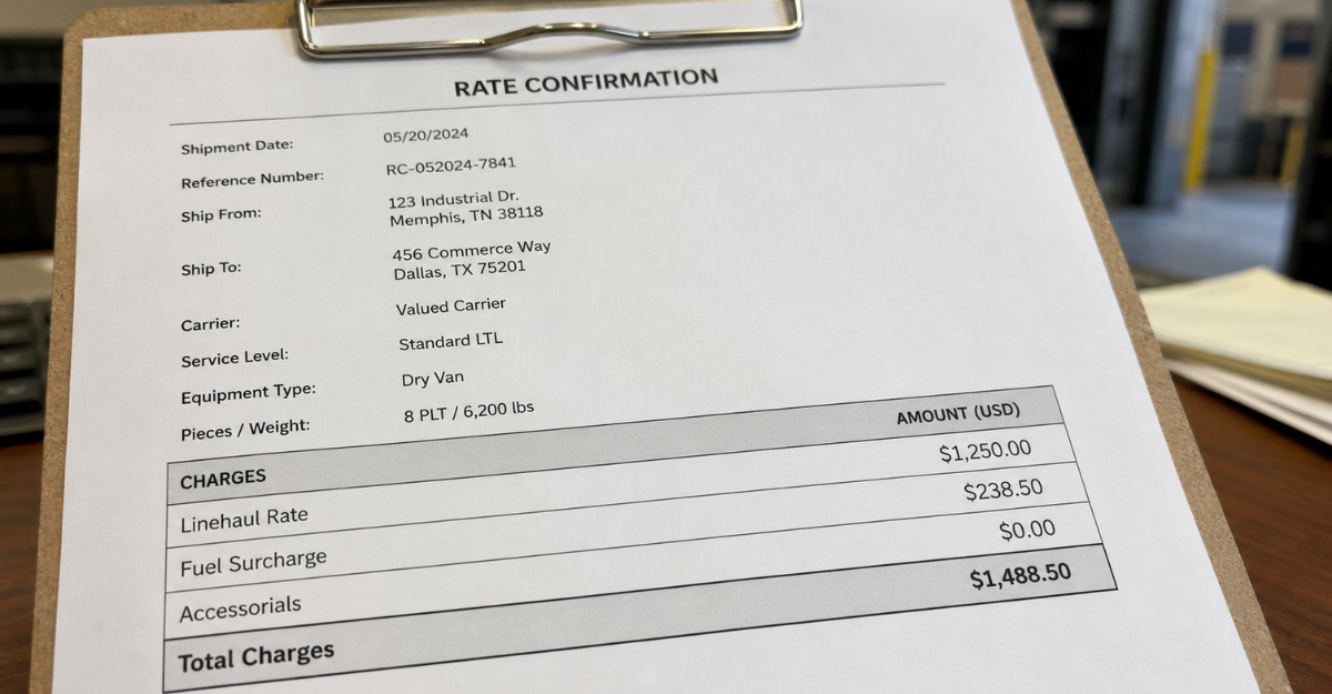 Freight invoice showing linehaul rate and fuel surcharge as separate line items on a carrier rate confirmation