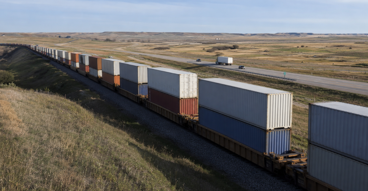 Double-stacked intermodal freight train carrying containers through open terrain with highway visible nearby