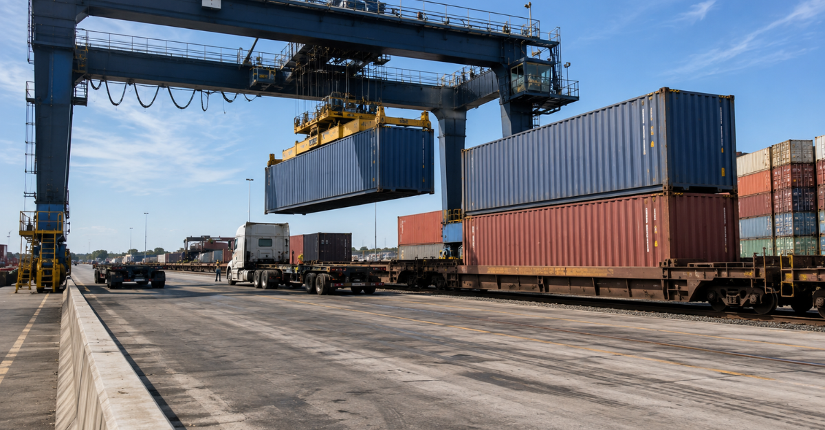 Intermodal rail terminal with gantry crane lifting a container from a truck chassis onto a rail well car