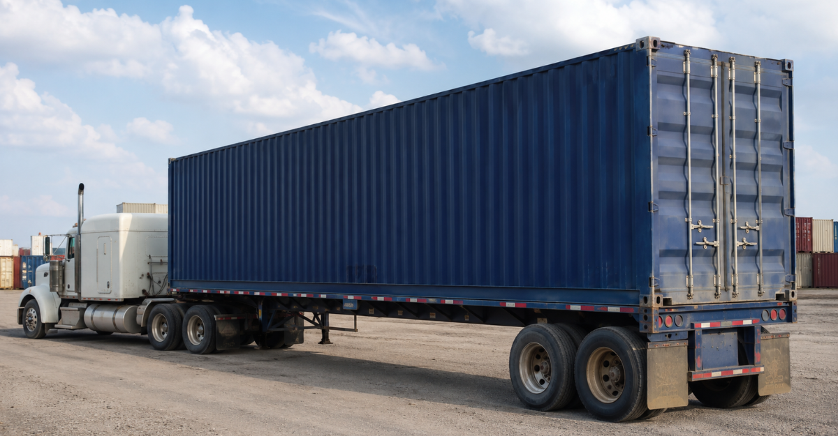 Domestic intermodal container mounted on a truck chassis showing the separable container-chassis configuration